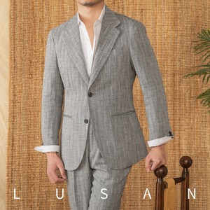 Costume d'affaires rétro slim pour homme style italien décontracté demi-doublé trois fins coton lin fermeture simple boutonnage plat - Product Image 2