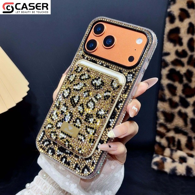 Leopard Print Rhinestone Magnetic Phone Case with Matching Card Holder Glitter Crystal Shockproof Cover for iPhone 12-17Pro Max