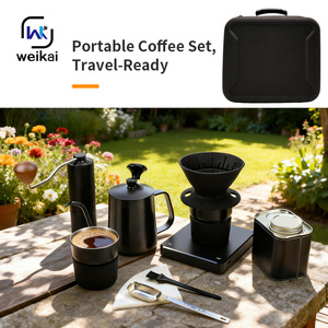 ชุดกาแฟพกพา 10 ชิ้น พร้อมกาต้มน้ำวัดอุณหภูมิ เครื่องบดสแตนเลส ชุดกาแฟสำหรับแคมป์ปิ้งในกล่องเก็บของทนทาน - Product Image 1