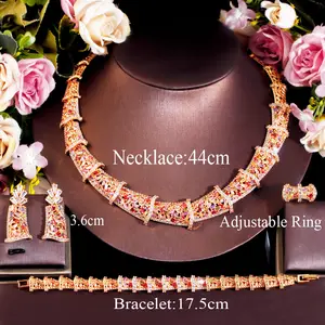 4Pcs Luxueux CZ Africain Plaqué Or Chunky Big Wedding Bracelet Ring Earrings Necklace Jewelry Sets for Brides Party