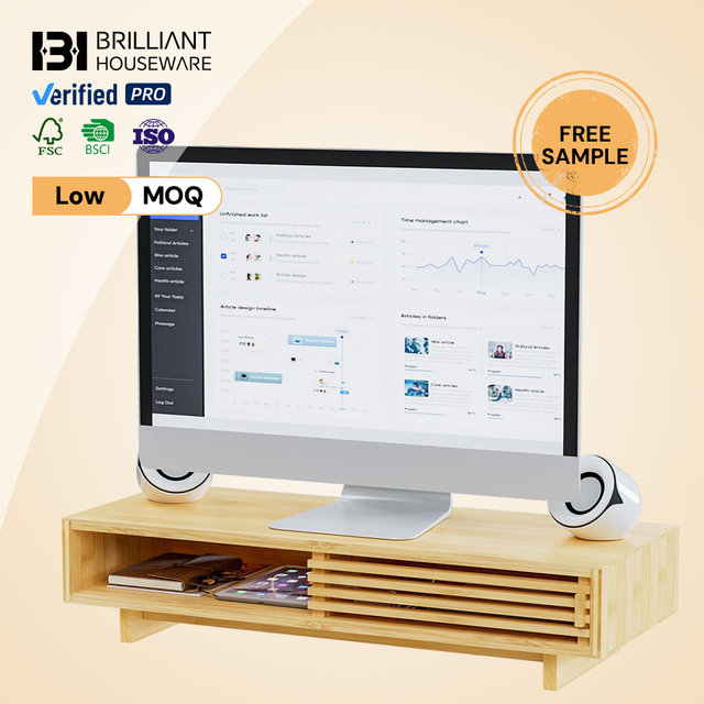 BH Bamboo Wood Computer Monitor Stand with Keyboard Storage Bamboo Desk Riser Shelf for Ergonomic Workspace
