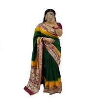 Saree Bunga Hijau dengan Pinggiran Emas, Gaun Wanita India Modern, Pakaian Tradisional Berlipit untuk Pesta dan Festival
