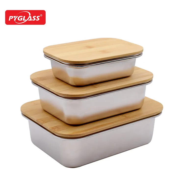 Hot sale stainless steel food container lunch box with bamboo lid microwave oven set