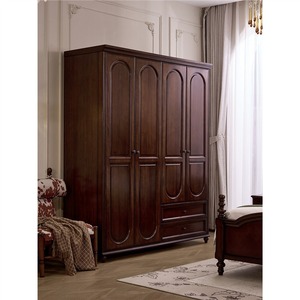 Armario clásico de 4 puertas de madera maciza con cajones, armario de dormitorio marrón para almacenamiento de <span class=keywords><strong>ropa</strong></span>, muebles de madera hechos a mano - Product Image 1