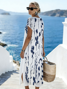 Vestido de punto floral verde <span class=keywords><strong>esmeralda</strong></span> para mujer, vestido midi de verano con cuello en V y manga corta, malla pointelle, 100% poliéster, estampado, ropa de resort - Product Image 4