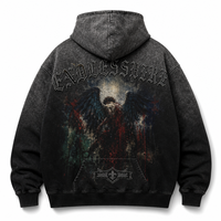 Sweat à capuche oversize noir délavé pour homme, style gothique, avec broderie H sur la poitrine, motif ange sombre, texte en strass en forme d'arche, badge fleur de lys, Hip Hop