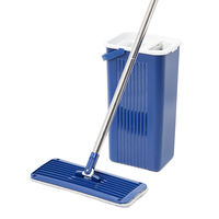 Ensemble serpillière plate en microfibre et seau avec système d'essorage automatique en acier inoxydable, manche extensible pour le nettoyage des sols domestiques