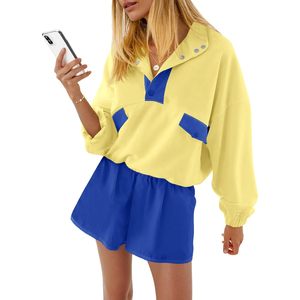 Conjunto Deportivo de 2 Piezas para Mujer, Sudadera con Bloques de Color y Pantalones Cortos, Atuendo Casual de Otoño, Manga Larga, Diseño Transpirable - Product Image 1