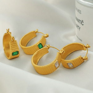 Hoop Earrings Gold Plated <b>Titanium</b> Steel Green White Glass Bezel Setting Everyday Wear Geometric Design EH154 - Product Image 1