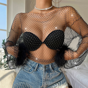 Female Sexy Black Diamond <strong>Fishnet</strong> Rhinestone Mesh Crop Top With Feather Trim <strong>Sleeve</strong> - Product Image 2