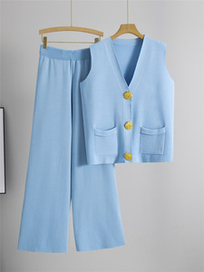 Conjunto informal de moda de verano para mujer CH, chaleco de punto transpirable con botones y pantalones de pierna ancha lisos, patrón sólido, combinación perfecta - Product Image 5