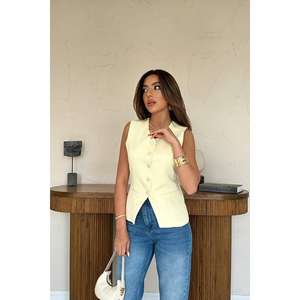 Wholesale <b>Women's</b> Yellow Waist-Fit Buttoned Vest Embroidered Canvas Fabric <b>Knitted</b> Woven Outer Animal Cotton for Suits <b>Waistcoat</b> - Product Image 3