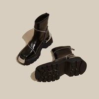 Bottes mi-mollet en microfibre pour femme, style punk Martin, avec fermeture éclair argentée, plaque métallique, semelle en caoutchouc épaisse de 3-5 cm, toutes saisons