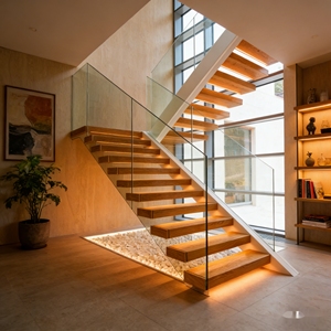 <span class=keywords><strong>Escalier</strong></span> en L moderne intérieur avec garde-corps en verre trempé et marches en bois foncé pour penthouse de luxe - Product Image 1