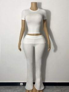 Nouvel ensemble 2 pièces extensible pour femme : haut à manches courtes et pantalon à enfiler avec taille ajustable, couleur unie pour l'été, logo personnalisé - Product Image 2