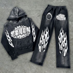 Özel yüksek kalite sıkıntı asit yıkama Hoodie ve <span class=keywords><strong>Sweatpants</strong></span> seti Vintage eşofman eşofman ter yığını Flare takım elbise erkekler için