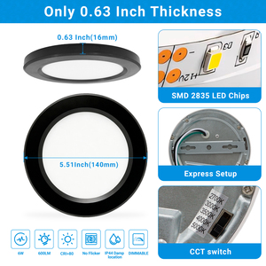 Lámpara de Techo <span class=keywords><strong>LED</strong></span> Ultrafina Moderna de 5 Pulgadas y 6W, 600LM, IP44, Impermeable, Regulable por Triac, Montaje Empotrado, SMD2835, CRI80, Garantía de 5 Años (CA/US) - Product Image 2