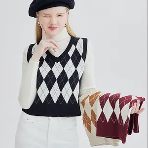 Argyle Sweater Rompi Wanita Kotak-kotak Rajutan Streetwear Gaya Preppy V Neck Tanpa Lengan Crop Knit Sekolah Tank Top untuk Gadis Wanita