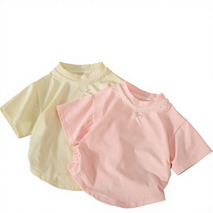<span class=keywords><strong>Camiseta</strong></span> de manga corta para niños, Top con dobladillo con volantes, ropa exterior de algodón y Lycra para niñas, estilo occidental, estilo coreano, primavera/verano - Product Image 1
