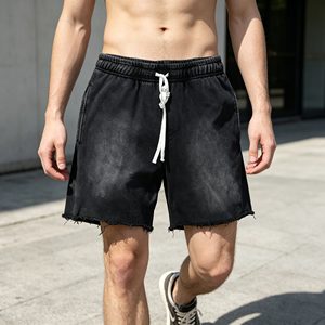 Pantalones cortos de hombre 100% algodón de felpa francesa, lavado ácido, estilo vintage, holgados, de pierna ancha, con cordón, efecto pulverizado, para hombre - Product Image 1