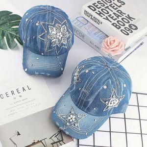 Casquette de baseball en jean délavé de haute qualité, style européen et américain, respirante, confortable, ajustable, avec strass - Product Image 2
