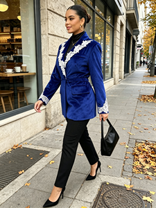 Elegante Blazer Azul de Terciopelo con Ribete de Encaje, Cuello con Muescas, Manga Larga, Ropa Exterior para Mujer, Abrigo Informal de Otoño - Product Image 3