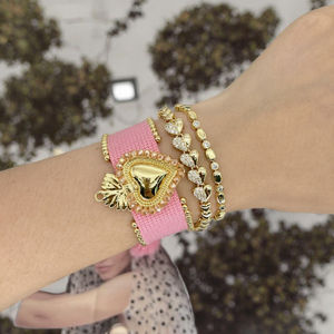 Pulsera Unisex de Estilo Bohemio A2463, Tejida con Macramé, con Cuentas de Latón, Dije de Corazón, Chapada en Oro, de Moda, al por Mayor - Product Image 3