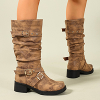 Bottines mi-mollet pour femme, style britannique, tendance, en similicuir vieilli, bout carré, talon carré, fermeture éclair latérale, rehaussantes