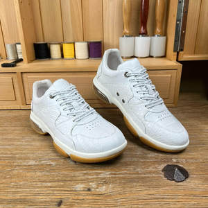 Zapatillas Blancas con Amortiguación de Aire, 100% Piel de Cocodrilo, con Cordones, Punta Redonda, Diseño Sólido, Suela de Goma, para Todas las Temporadas, Casuales - Product Image 3