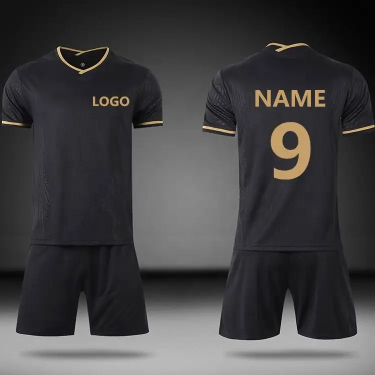 Custom made soccer uniform set world club team football jerseys black gold add your logo football training kits