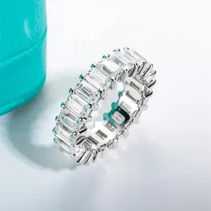 Classic Wedding Rings Rhodium Plated 925 Sterling Silver Engagement VVS Emerald Moissanite Eternity Band