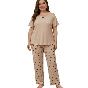 <span class=keywords><strong>Pigiama</strong></span> da <span class=keywords><strong>donna</strong></span> <span class=keywords><strong>taglie</strong></span> forti europeo e americano con stampa a fiocco, pantaloni lunghi, due pezzi casual estivi a maniche corte - Product Image 5