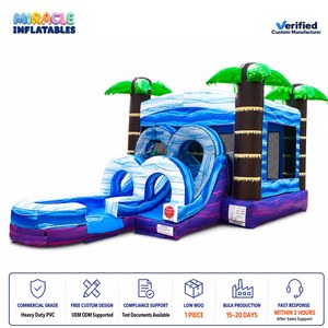 Structure gonflable aquatique combinée Palmier Tropical et Vague Océanique avec toboggan double incurvé et piscine à jets d'eau - Product Image 1