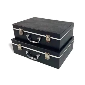 Жесткие бумажные винтажные чемоданы ZL на заказ черного цвета с крокодиловой текстурой и серебряными краями, маленькие и большие размеры, с металлической пряжкой и ручкой