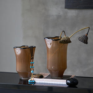 Medieval Black Edge Creative <b>Folds</b> Handmade Large Mouth <b>Coffee</b> Porcelain Powder Glass Vase Entrance Countertop Crystal Vase - Product Image 5