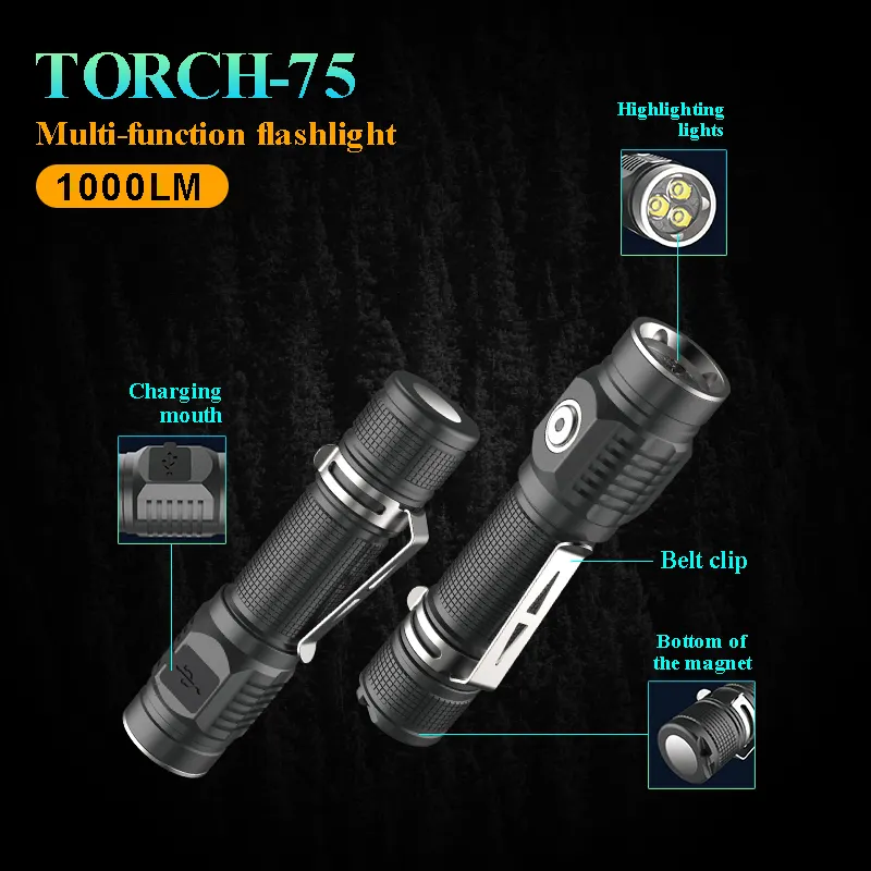 Tobys Senter Taktis LED Super Terang, Senter Berkemah Luar Ruangan dengan Baterai 2000 Lumens Dapat Diisi Ulang