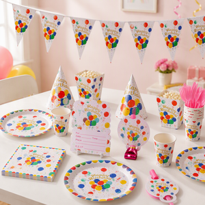 Ensemble de vaisselle classique pour fête d'anniversaire avec assiettes, gobelets et serviettes en papier rayés à bord doré - Product Image 4