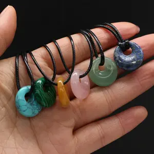 Mode Lubang Besar Batu Alam Kalung DIY Perhiasan Aksesoris Buatan Tangan Malachites Alami Rose Quartz Putaran Liontin Kalung