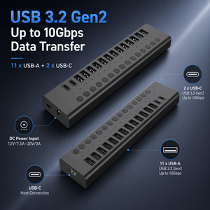 Hub <span class=keywords><strong>USB</strong></span> 3.2 Gen2 10 Gbps 16-en-1 en aluminium alimenté avec interrupteurs individuels et chargeur rapide QC3.0 - Product Image 3