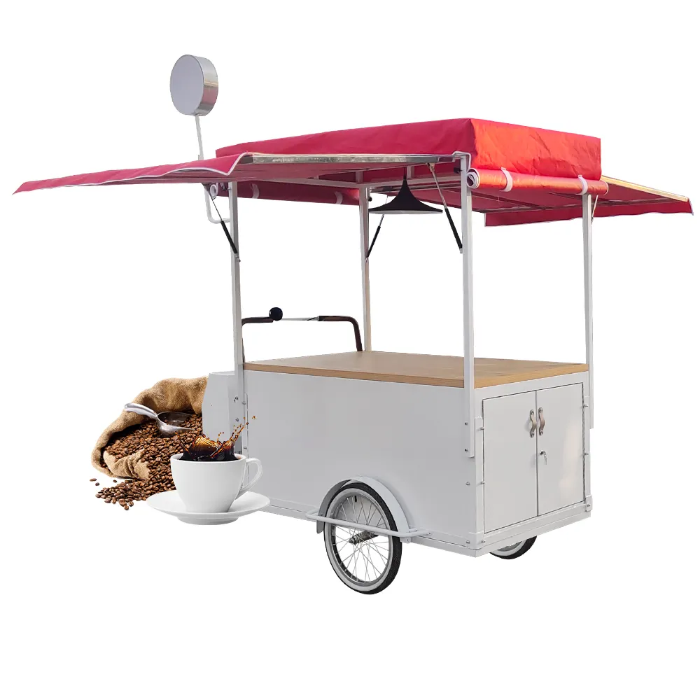 3 바퀴 전기 야외 판매 모바일 식품 카트 커피 음식 자전거 모바일 커피 카트 밴 접이식 방수 지붕