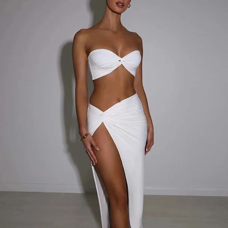 Sexy sin tirantes ahueca hacia fuera el vestido de las mujeres blanco vestido sin mangas de abertura alta Mujer otoño flaco elegante fiesta Clubwear 2022