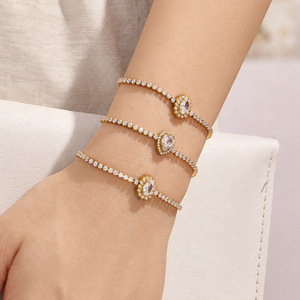Gold Plated <b>Crystal</b> Chain <b>Bracelet</b> For Women Classic Jewelry With Rhinestone Bezel Setting Wedding Style - Product Image 3
