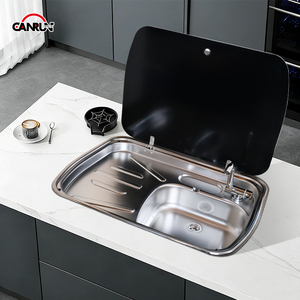 Évier CANRUN en acier inoxydable argenté <span class=keywords><strong>pour</strong></span> <span class=keywords><strong>camping</strong></span>-<span class=keywords><strong>car</strong></span> avec zone de drainage et couvercle en verre trempé <span class=keywords><strong>pour</strong></span> <span class=keywords><strong>camping</strong></span>-<span class=keywords><strong>car</strong></span>, caravane, fourgon aménagé - Product Image 4