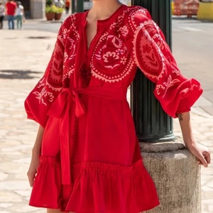 Vestido de Verano Personalizado con Bordado Elegante, de Algodón y Lino, Cuello en V, Casual, Corte en A, Mangas Abullonadas, Midi, para Mujer - Product Image 1