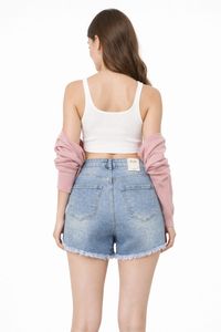 Shorts in denim a vita alta con orlo sfrangiato e finitura lavata per un look casual estivo - Product Image 3