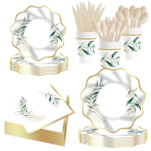 DAMAI - Juego de Vajilla Desechable de Papel con Estampado de Hojas Verdes, Platos y Vasos para Fiestas de Té - Product Image 3