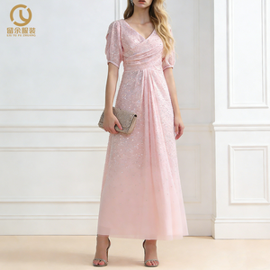 حجم مخصص النساء أنيقة على شكل حرف V الرقبة شيفون الكشكشة الزفاف وصيفة الشرف فساتين بأكمام قصيرة - Product Image 4