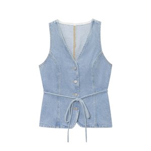 NOVEDAD DE VERANO 2025, Estilo Europeo Americano, cuello en V, sin mangas, cintura ceñida, chaleco vaquero sencillo, traje vaquero informal de pierna ancha para <span class=keywords><strong>mujer</strong></span> - Product Image 6