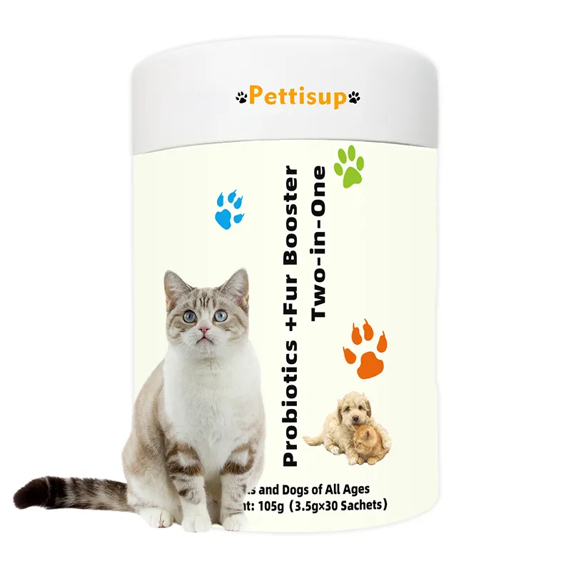 Pettisup OEM Complément alimentaire pour animaux de compagnie Probiotiques + Poudre booster de fourrure pour chiens et chats Poudre de santé intestinale pour le soutien de l'immunité des chats