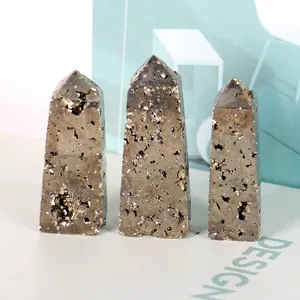 Tongkat kristal penyembuhan pirit alami kualitas tinggi titik Druzy Pyrite menara Fengshui untuk dekorasi